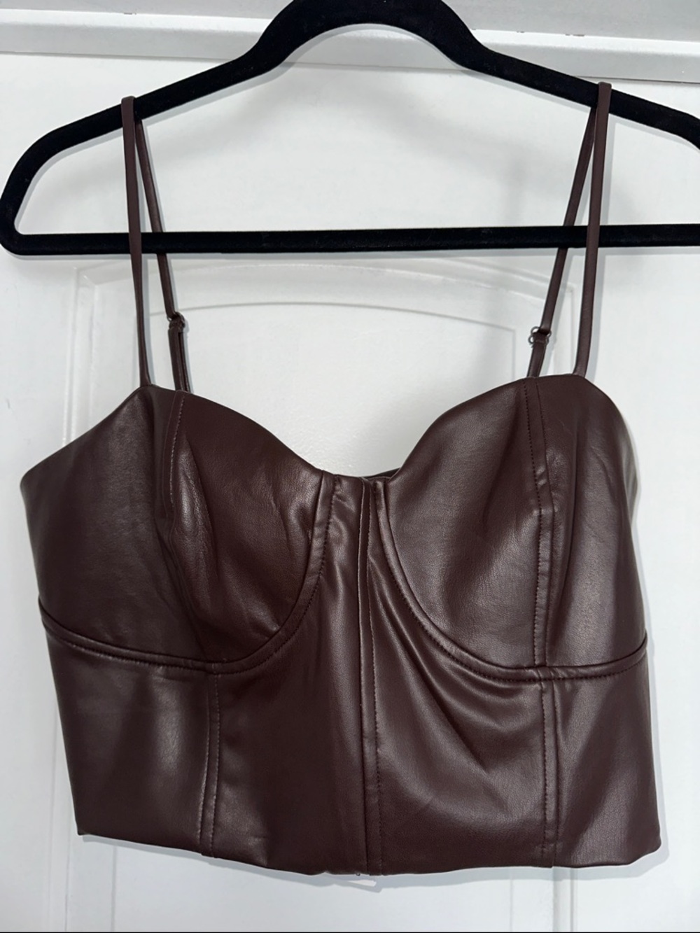 Express Faux Leather Bustier Crop Top in Dark Brown